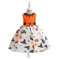 thumbnail image 5 of LIIPEE Girls Dresses Halloween Cartoon Pumpkin Graphic Printed Sleeveless Round Neck Bowknot Ball Gown Princess Sundress Child Trendy Casual Daily Party Photoshoot Dress,Orange,6-7 Years, 5 of 9