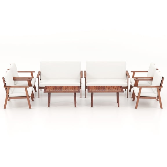 Gymax 8PCS Conversation Set Acacia Wood Sofa Coffee Table w/ Cushioned Seat Patio