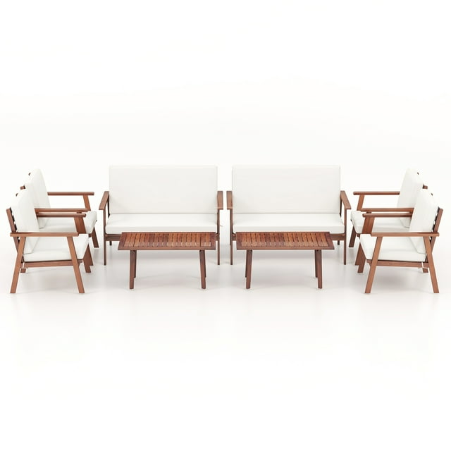Gymax Ensemble de Conversation 8 Pcs Canapé en Bois d'Acacia Table Basse avec Siège Coussiné pour Patio