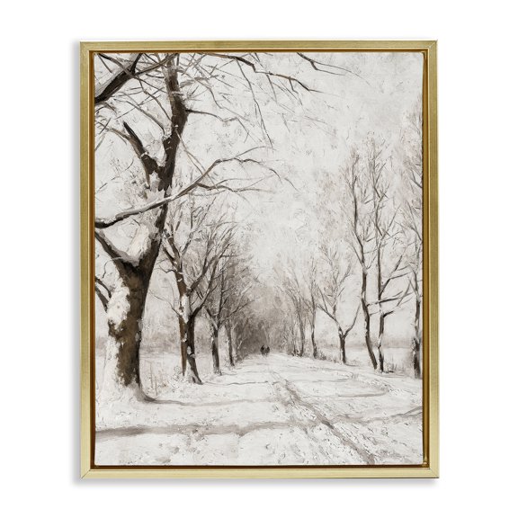 Stupell Industries Snowy Winter Lane Landscape Painting Gold Floater Framed Art Print Wall Art, 25 x 31