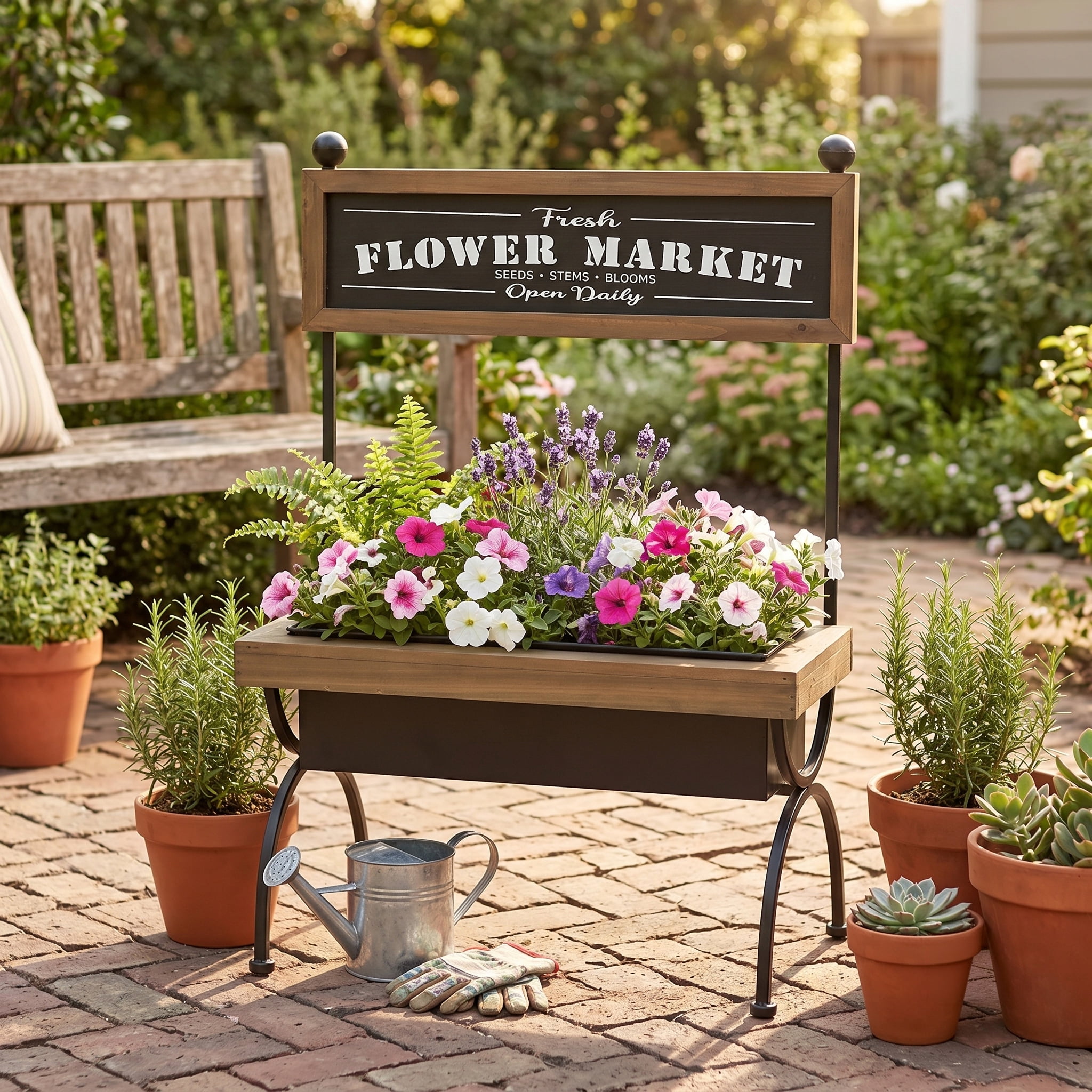 19x11x24" Wooden Planter Stand with Black Iron Frame