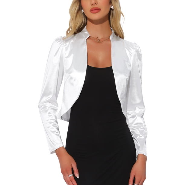 Inspire Chic Boleros de satén para mujeres, con frente abierto, mangas largas fruncidas, cropped, talla XL, color blanco