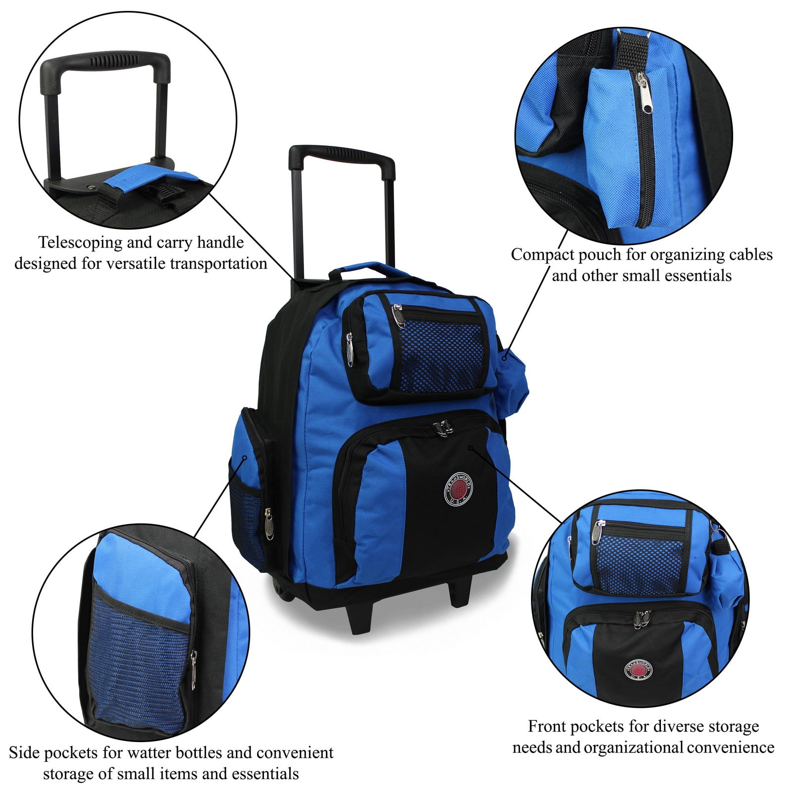 World Traveler Transworld 22-Inch Carry-On Rolling Backpack Airline Approved Size - RoyalBlue