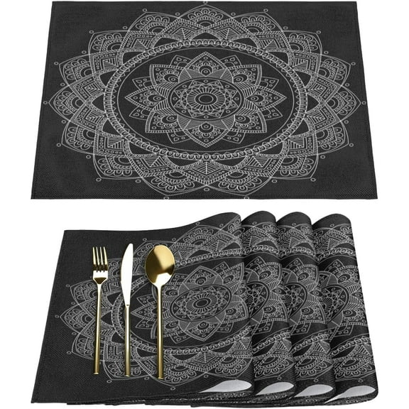 Retro Mandala Lines Placemats Set of 6 Fabric Placemats Square Placemat for Kitchen Table Heat Resistant, Easy to Clean Table Placemats 12x18 Inch