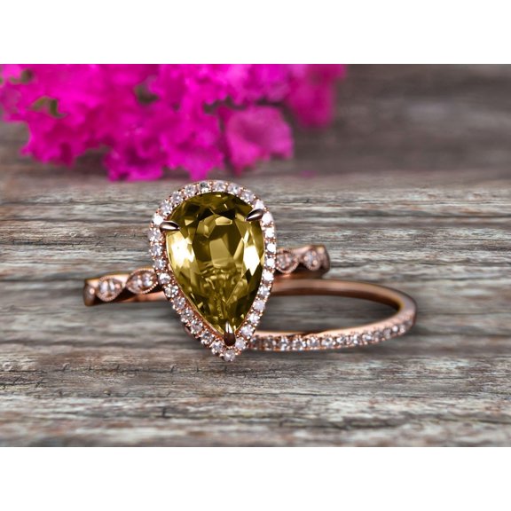 2.25 Carat 10k Rose Gold 8x5mm Pear Shape Champagne Diamond Moissanite Engagement Ring Set Marquise Band Milgrain Art Deco With HALO Ring