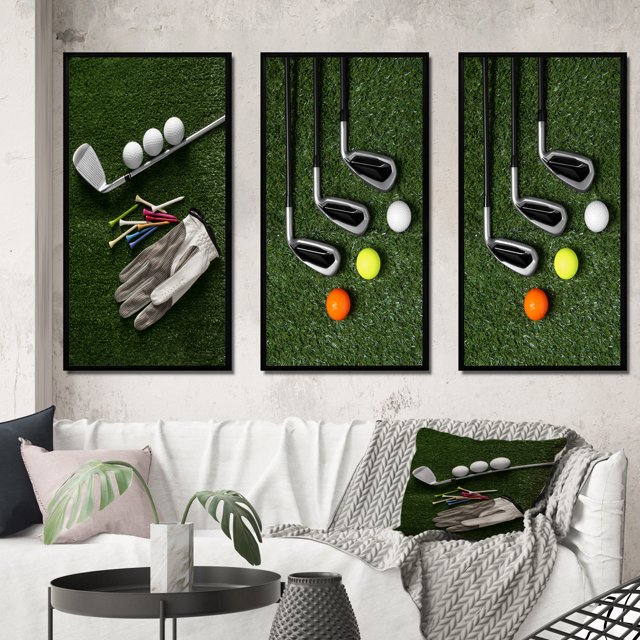 Designart "Excellent Golf Set Swing III" Sports Framed Wall Art Set Of 3 - Green Golf Frame Canvas Set For Living Room Decor