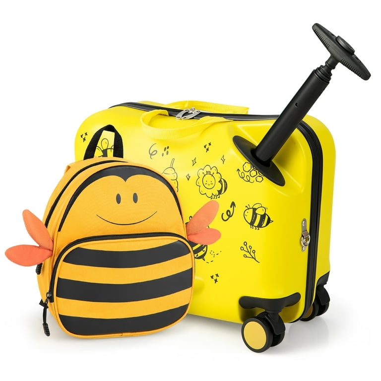 Costway 2PC Kids Ride-on Luggage Set 18'' Carry-on Suitcase & 12'' Backpack  Anti-Loss Rope Yellow 