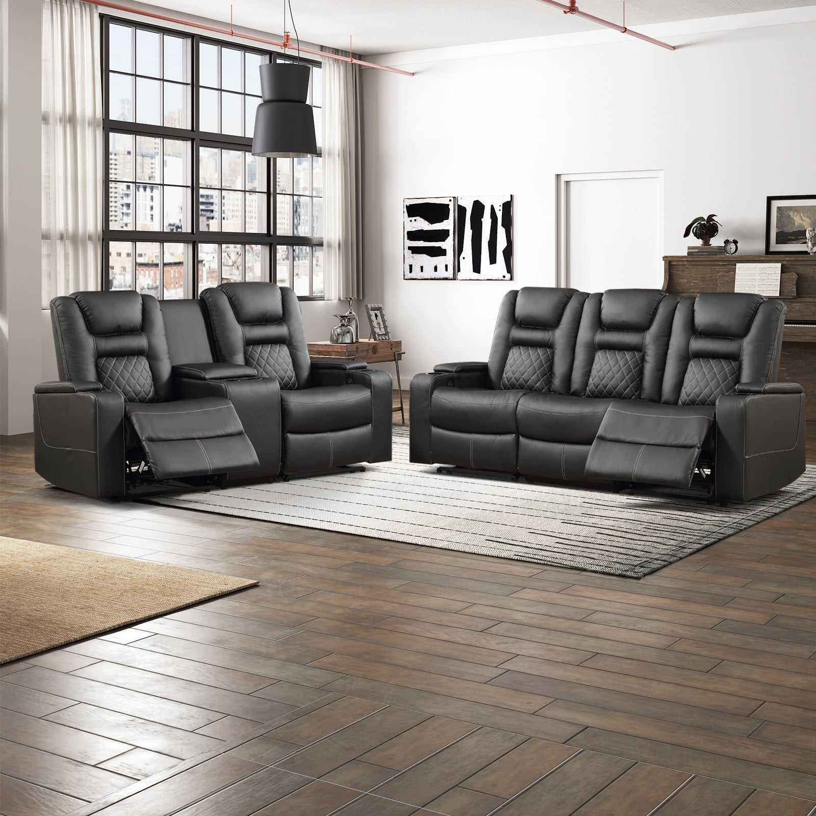 Bonzy Home Electric Power Recliner Chairs Sofa Set Theater Seating with Console Living Room Furniture Set, Cup Holders, Hidden Arm Storage, USB Ports Black