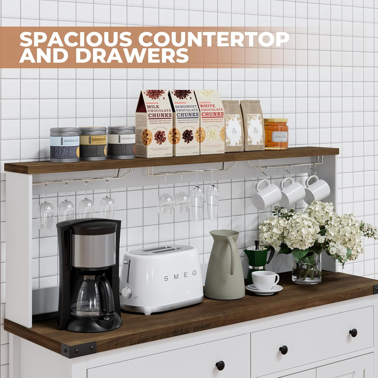 HAUXITIO Storage Cabinet Buffet with Drawers and Charging Station,Coffee Bar Cabinet Sideboard with Barn Doors,Wine Rack and Hooks,White1
