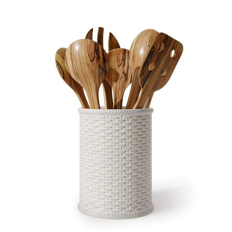 Ceramic Utensil Holder- Large Kitchen Utensil Holder with Bamboo Wooden  Base- Utensil Crock for Countertop- White Ceramic Cooking Utensil Organizer