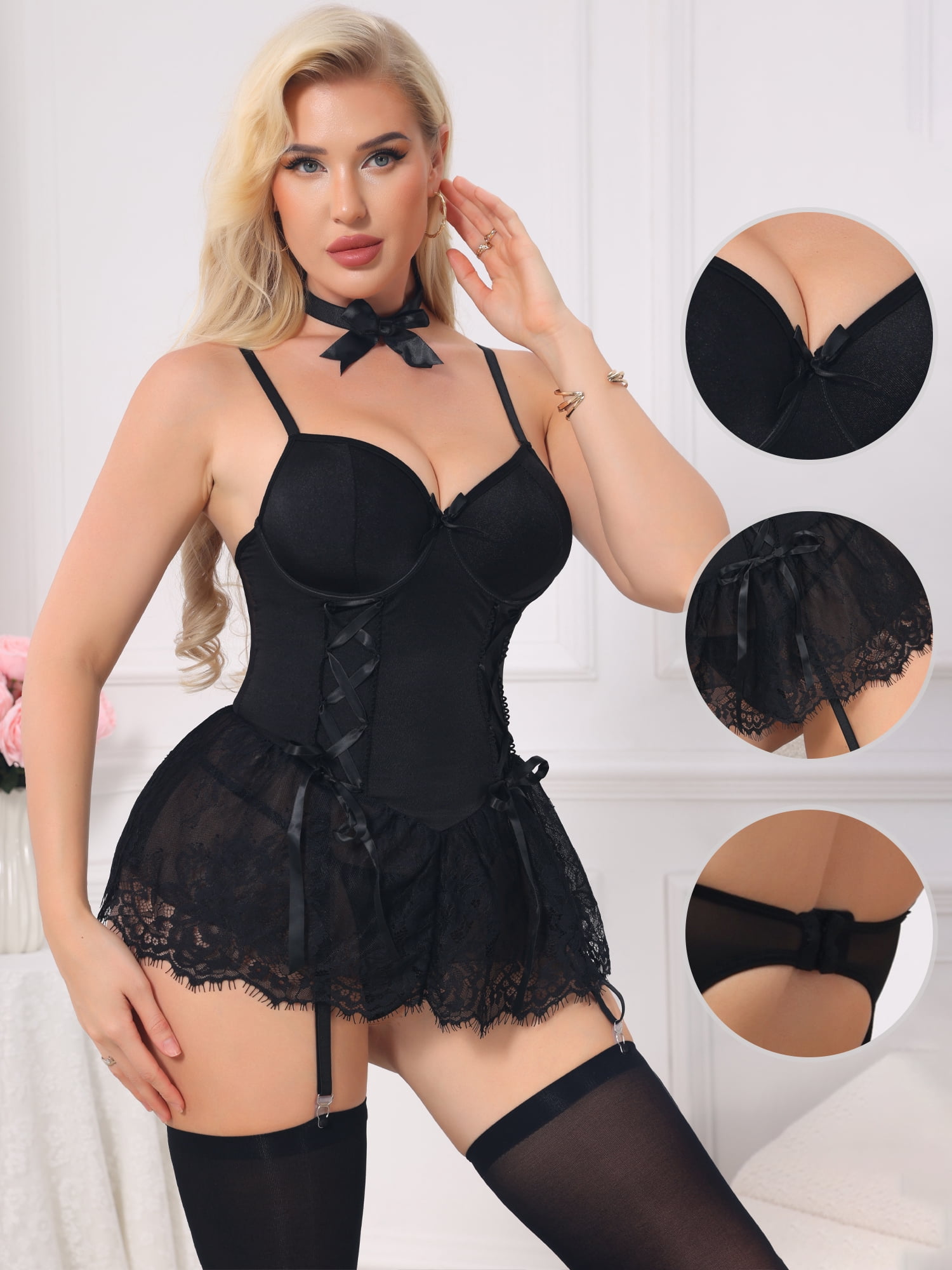 DARING DIVA Women's Lingerie Corset Underwire Ruffle Skirt with Garter Belt Thong XL Black
