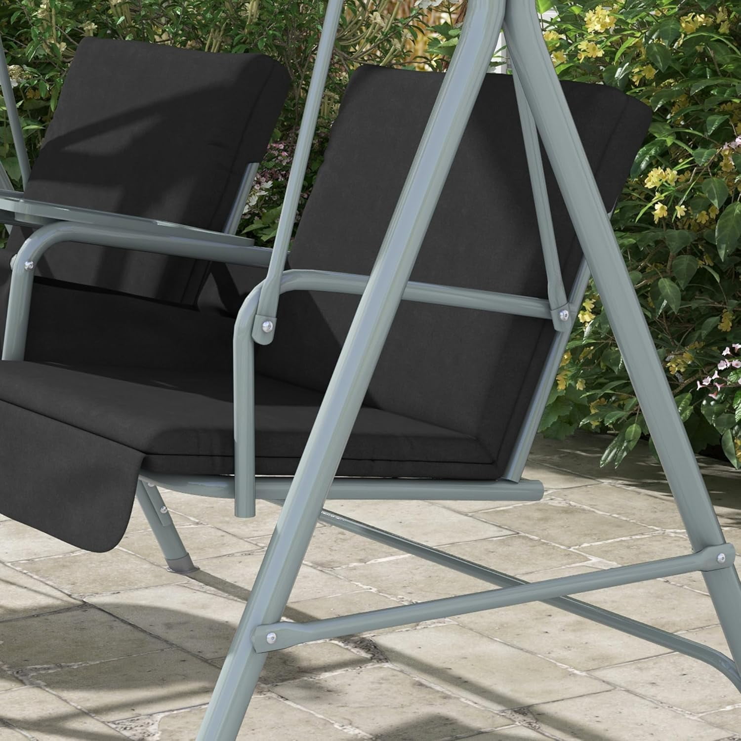 JessieMal 2 Person Porch Swing with Stand, Outdoor Swing with Canopy, Pivot Storage Table, 2 Cup Holders, Cushions for Patio, Backyard, Black