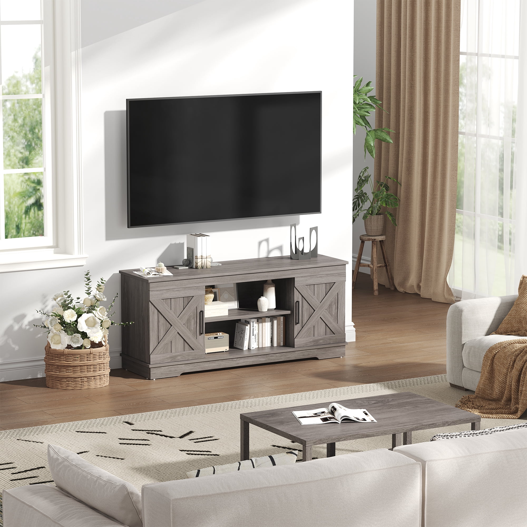IULULU 58" Modern Farmhouse TV Stand for TVs up to 65", Natural Grey