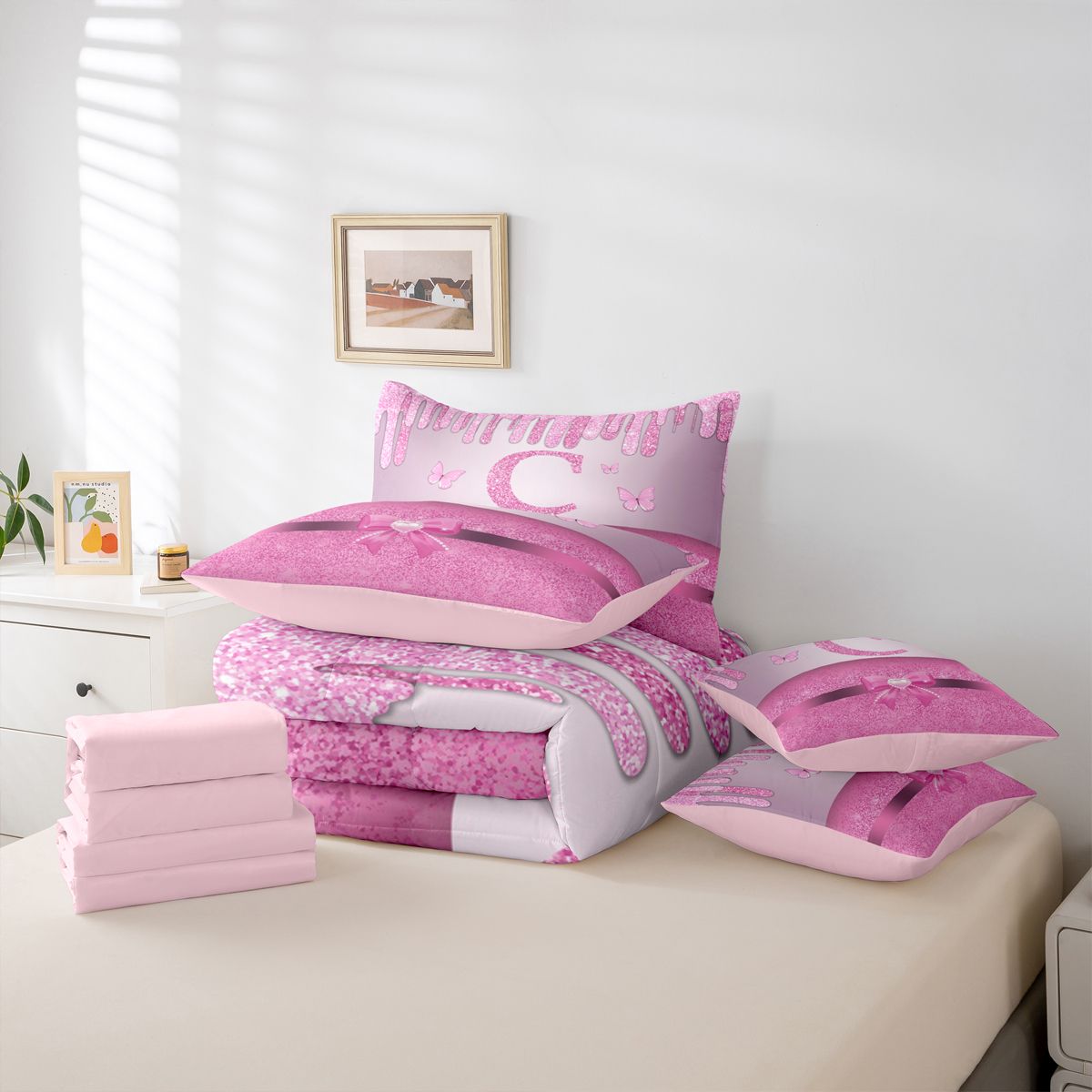 Manfei Kawaii Bowknot Alphabet C 7pcs Bedding Comforter Set for Female Women Teens,Bling Glitter Splash Queen Bedding Sets Super Cozy,Flying Butterfly Queen Sheet Sets,Dreamy Princess Decor