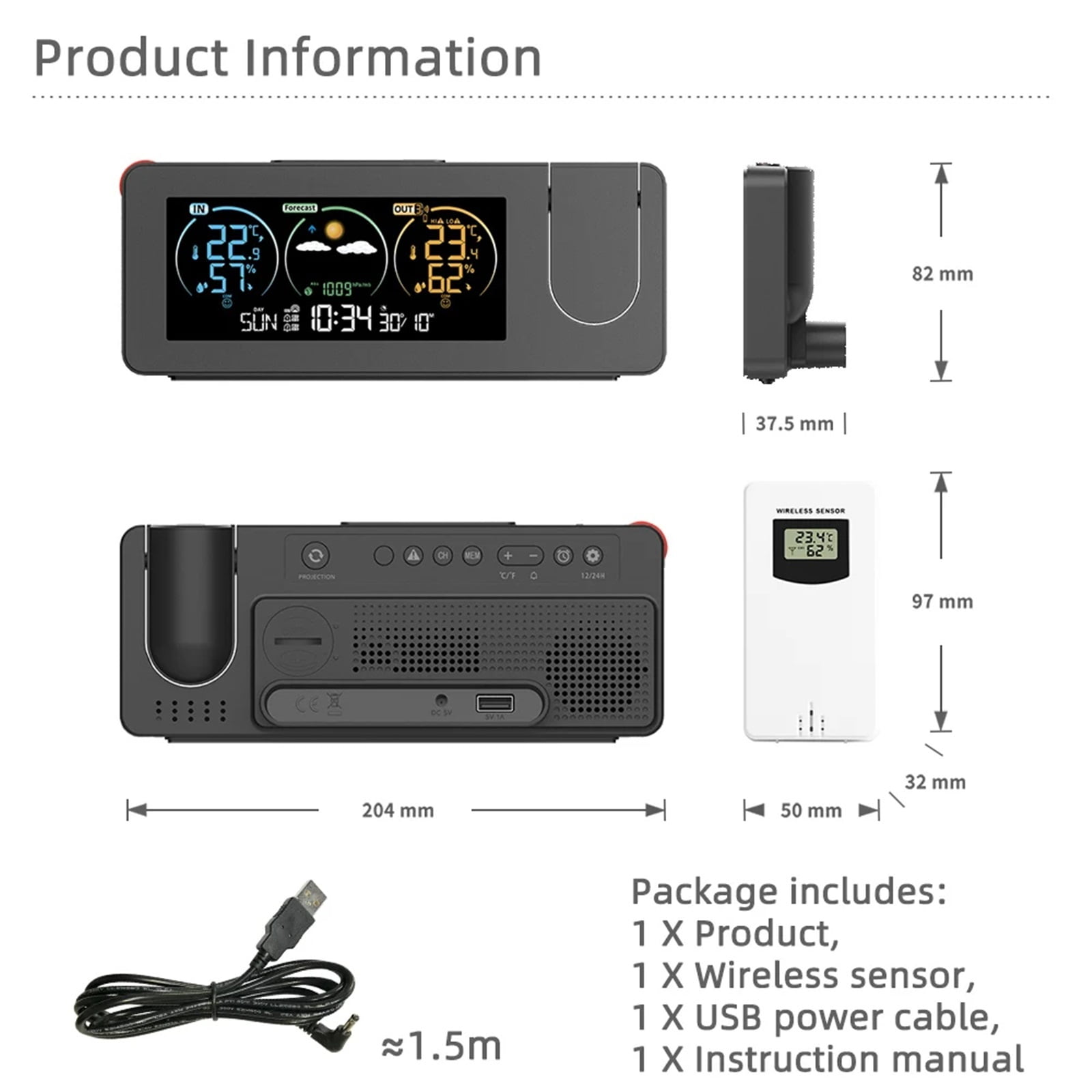 ZX3538 Electronic Projection Clock Weather Station Weather Forecast Temperature and Humidity Color Screen Digital Alarm Clock ,High Precision