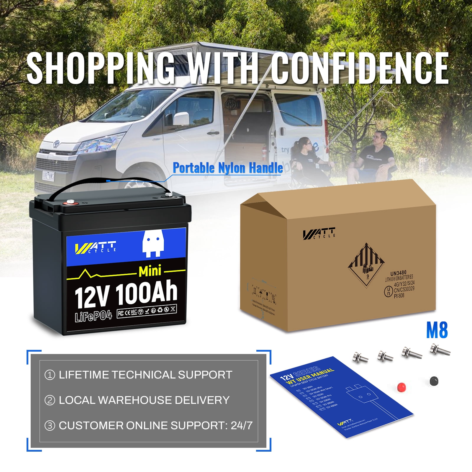 WattCycle 12V 100Ah Mini LiFePO4 Lithium Battery Mini, 100A BMS, Low-Temp Protection, Rechargeable15000 Deep Cycles, 1280Wh for Trolling Motor, Home Storage, Solar System, Golf Cart, RVs, Marine