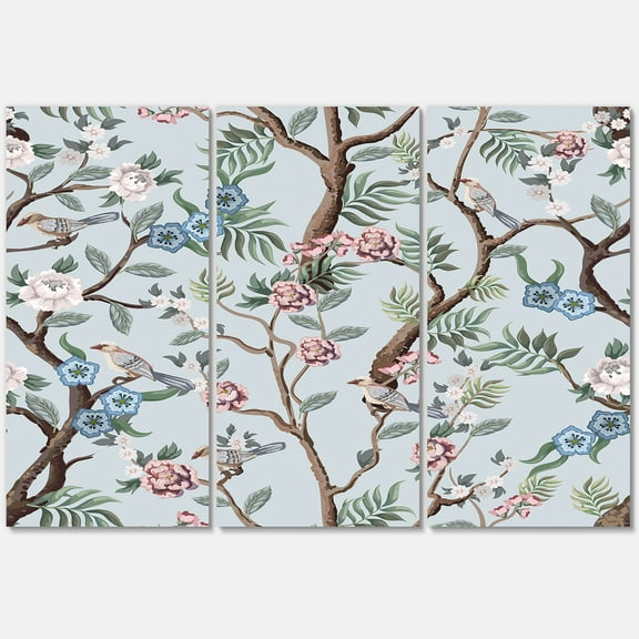 Designart ' Birds and Peonies With Chinoiserie X ' Traditional Canvas Wall Art Print