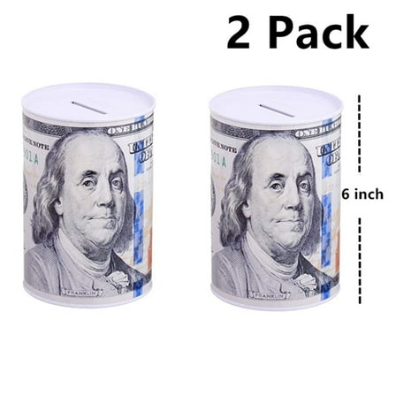 2 Pack of Aluminum Tin Piggy Bank with Benjamin Franklin $100 Bill Design, Money Saving, Money Coin Saver 6"