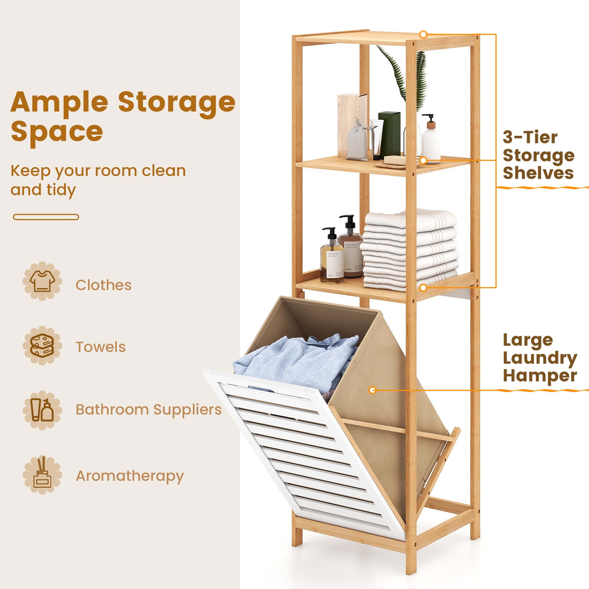 Costway Tilt-Out Laundry Hamper with 3-Tier Shelf Removable Liner Lightweight Design