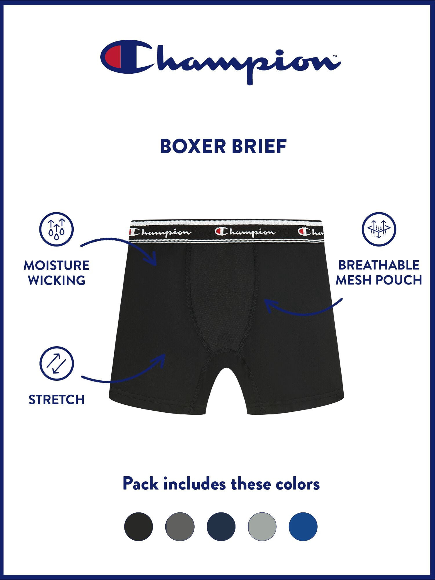 Champion Boys’ Active Performance Boxer Briefs, 5 Pack, Sizes XS–XL