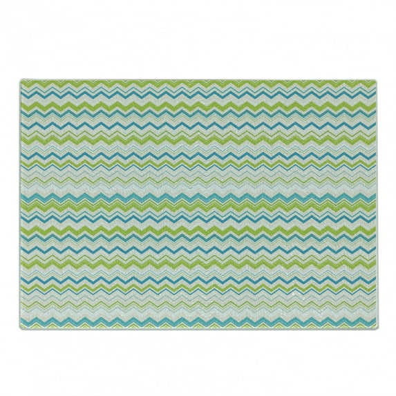 Teal and White Cutting Board, Zig Zag Lines in Horizontal Order Chevron Triangles Geometric, Decorative Tempered Glass Cutting and Serving Board, Small Size, Yellow Green Cream Blue, by Ambesonne
