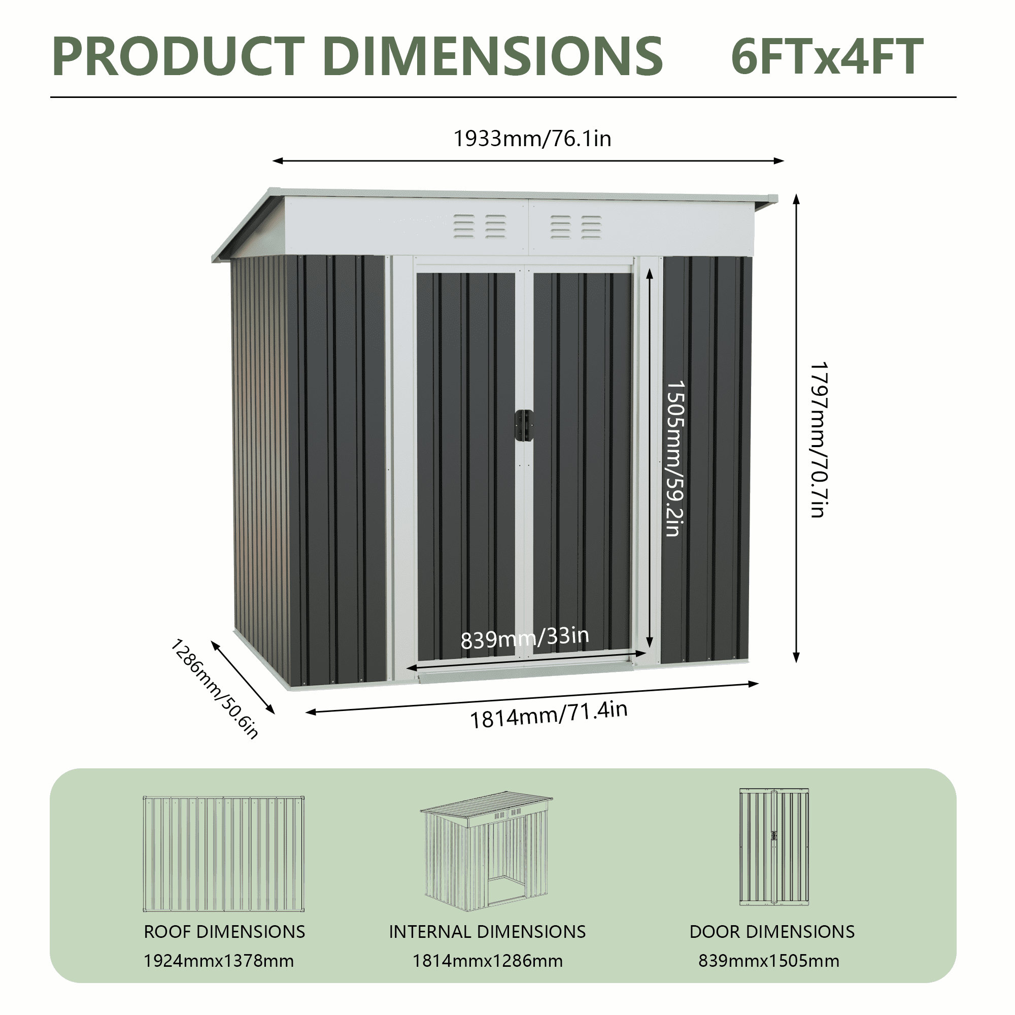 Leumius 6x4 FT Garden Shed, Outdoors Storage Shed Metal Frame Design Sliding Door for Backyard, Patio, Lawn