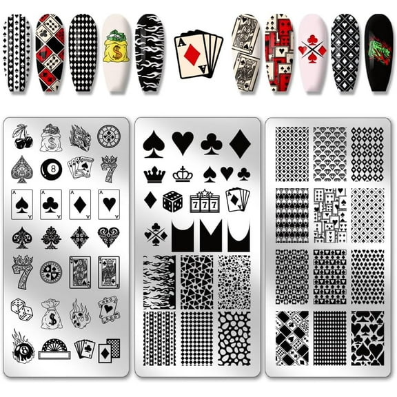 3pcs Poker Elements Nail Stamping Plates Diamonds Clubs Nail Art Templates Textured Nail Art Stencil Stainless Steel Nail Image Plates