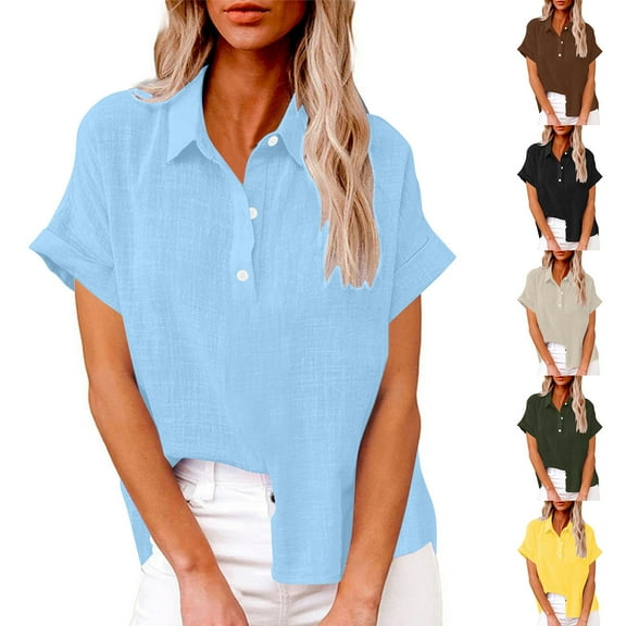 Olyvenn Womens Button Down Cotton Linen Shirts V Neck Roll Up Short Sleeve Blouses Loose Collared Shirt Summer Casual Tops Army Green XXXL