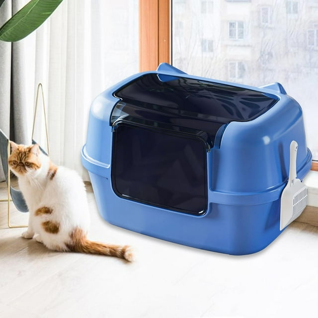 Suministros de mascotas desmontables de arena de arena de arena de arena de arena con bandeja de baño de gato con capucha con capucha para ir al baño Azul