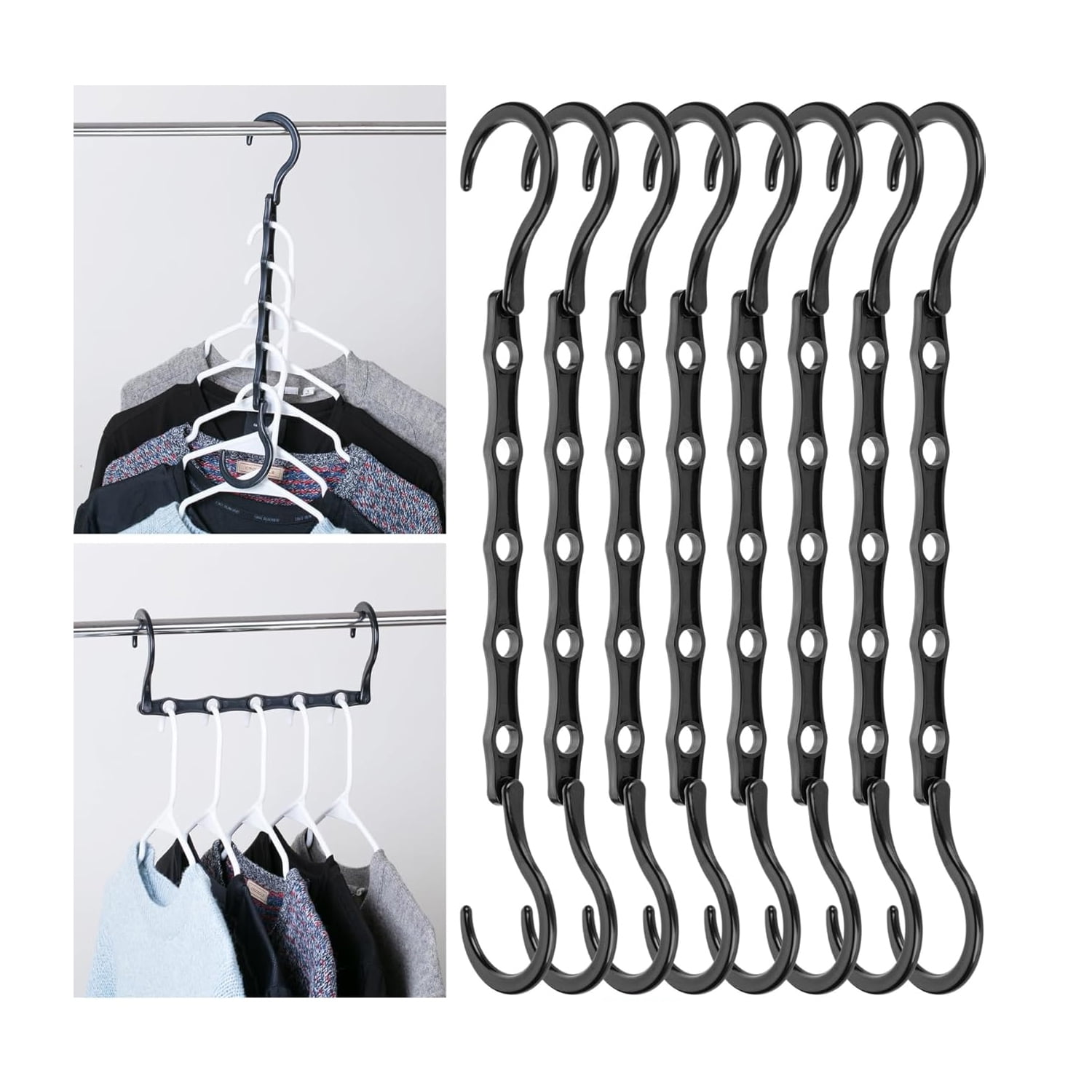 8Pcs Space Saving Hangers for Clothes, Multi-Functional Closet Hanger Organizers, Space Saving, Use Both Vertically and Horizontally, College Dorm Room Students Essentials, Black