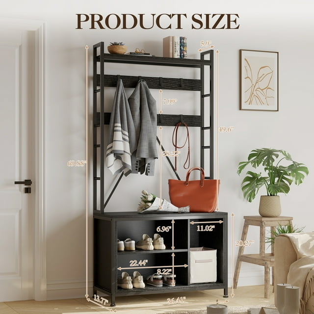 70" Shoe Rack with Coat Hanger, Hall Tree with Bench, Coat and Shoe Rack, Hooks & Open Shelf, Standing Entryway Clothing Rack for Hallway, Living Room, Mudroom