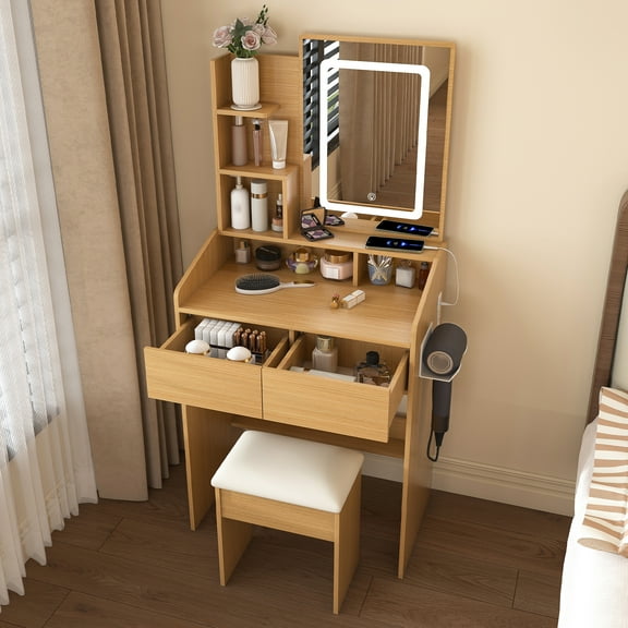 Alvantor Makeup Vanity Desk Set with Mirror & LED Lights, Built-in Power Outlet, Hairdryer Holder, for Small Bedrooms