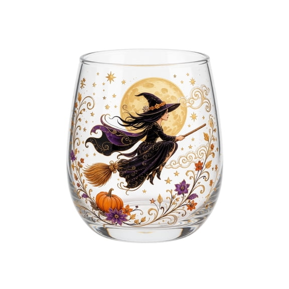 StlyGar Halloween Decorative Glass Tumbler Gold Rim Stemless Wine Glass Witch Halloween Fall Witch Pattern Halloween Autumn Drinking Cup Gift