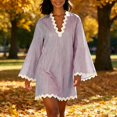 thumbnail image 6 of SETOOFF Women Vertical Stripe Mini Tunic Dress V Neck Wavy Trim Bell Long Sleeve Loose Shift Dress Beach Cover Up Casual Vacation Daily Dress, 6 of 8