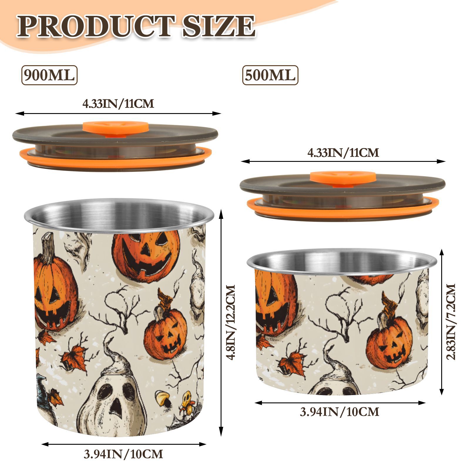 Halloween Pumpkin Skull Airtight Coffee Bean Canister 30oz Food Storage Containers with Lids For Gournd, Tea, Sugar, Flour, Rice, Cereal, Candy Cookie Jar