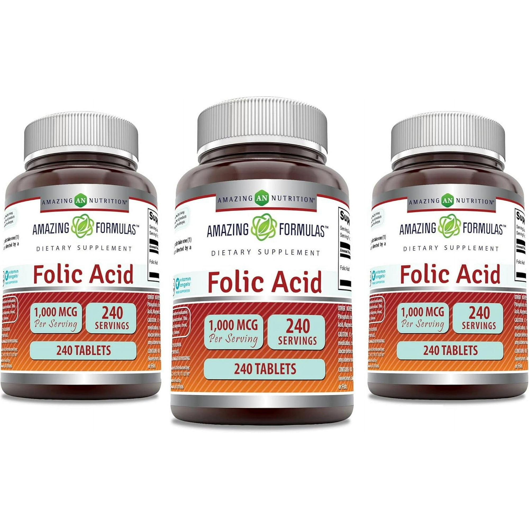 Amazing Formulas Folic Acid 1000 mcg Per Serving (1 mg) 240 Tablets Supplement | Vitamin B9 | Non-GMO | Gluten Free | Pack of 3