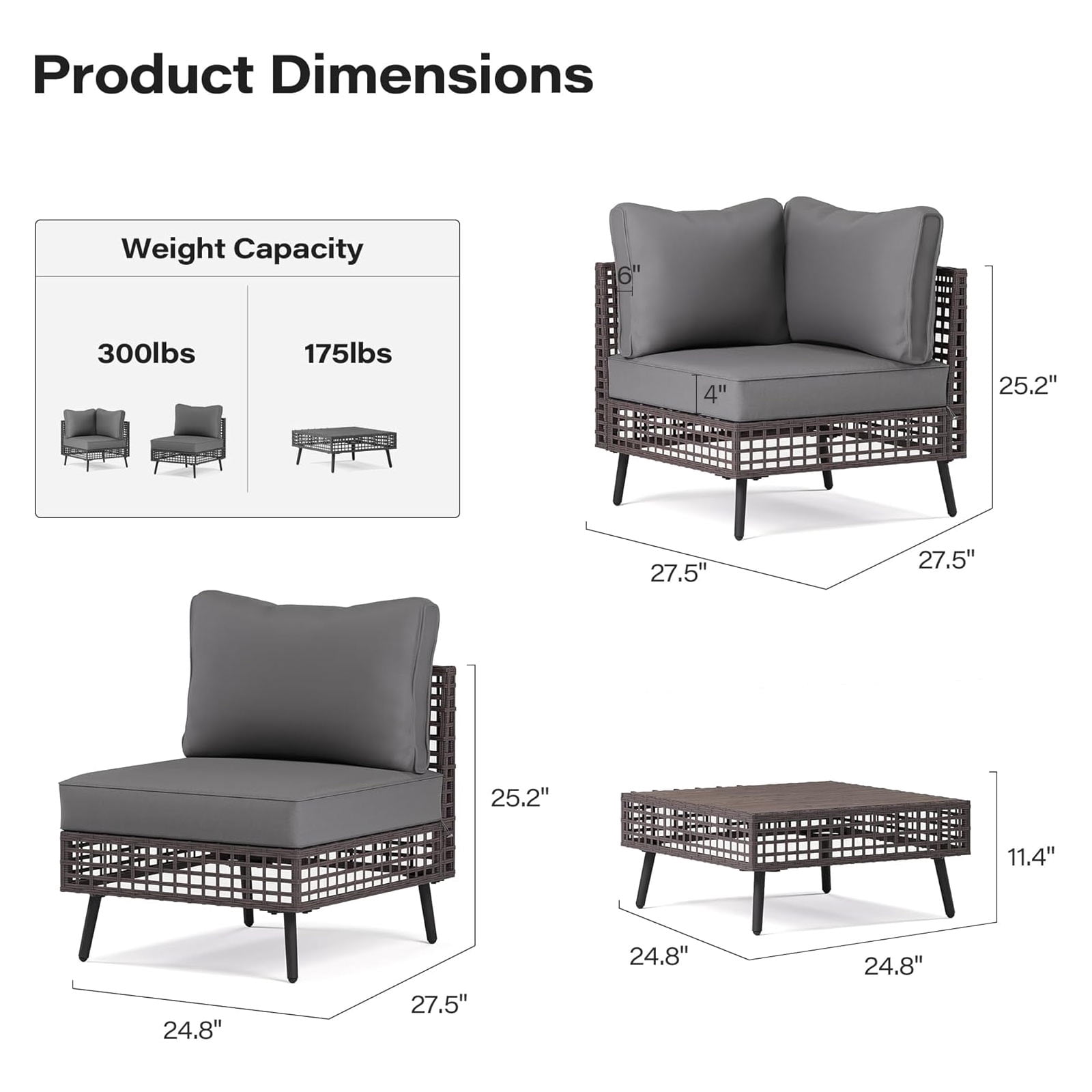 LAUSAINT HOME 7 Piece Wicker Sectional Outdoor Conversation Sets, Patio Furniture with Gray Cushions