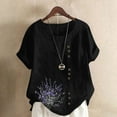 thumbnail image 2 of Cmfcve Women's Plus Size Tee Shirt Short Sleeve Round Neck Cotton Linen Gauze Tops Lavender Printed Henley Button Blouse, 2 of 4