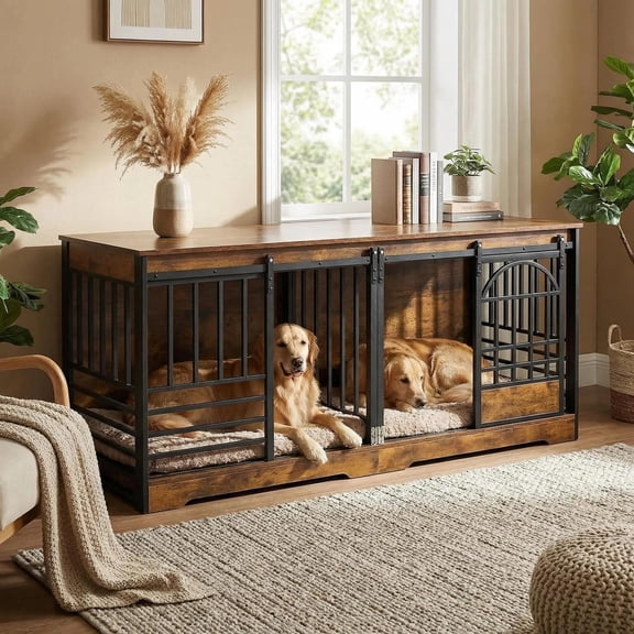 Studyset 78" Extra Large Dog Crate Furniture for 2 Dogs, Double Wooden Kennel with Divider, Heavy Duty Farmhouse Dog Cage End Table TV Stand for Large Breeds