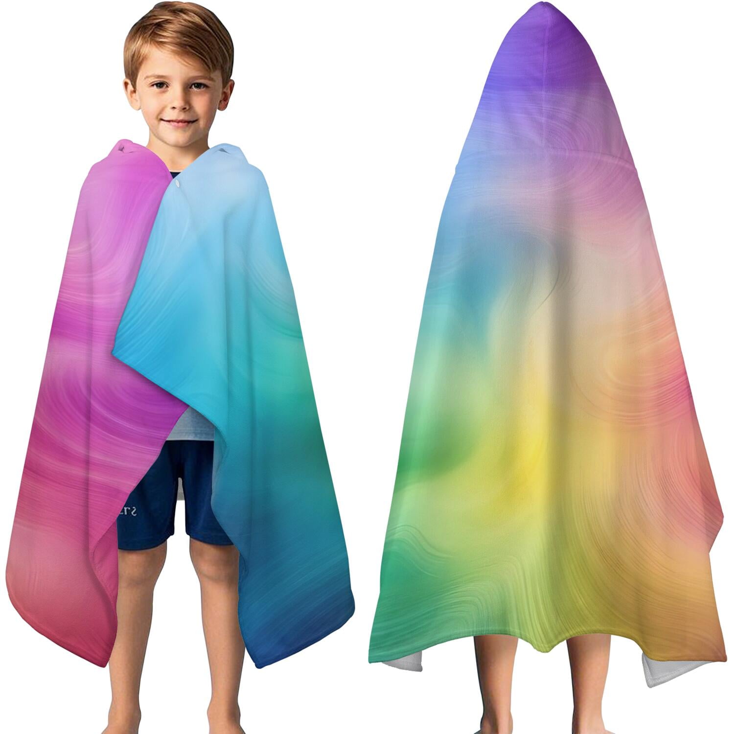Rainbow Tie Dye Swirl Pattern Hooded Bath Towel，60"x35" for Ages 3 To 12 Kids, Quick Dry Lightweight Soft Microfiber Hood Beach Towel Cover Up for Kids
