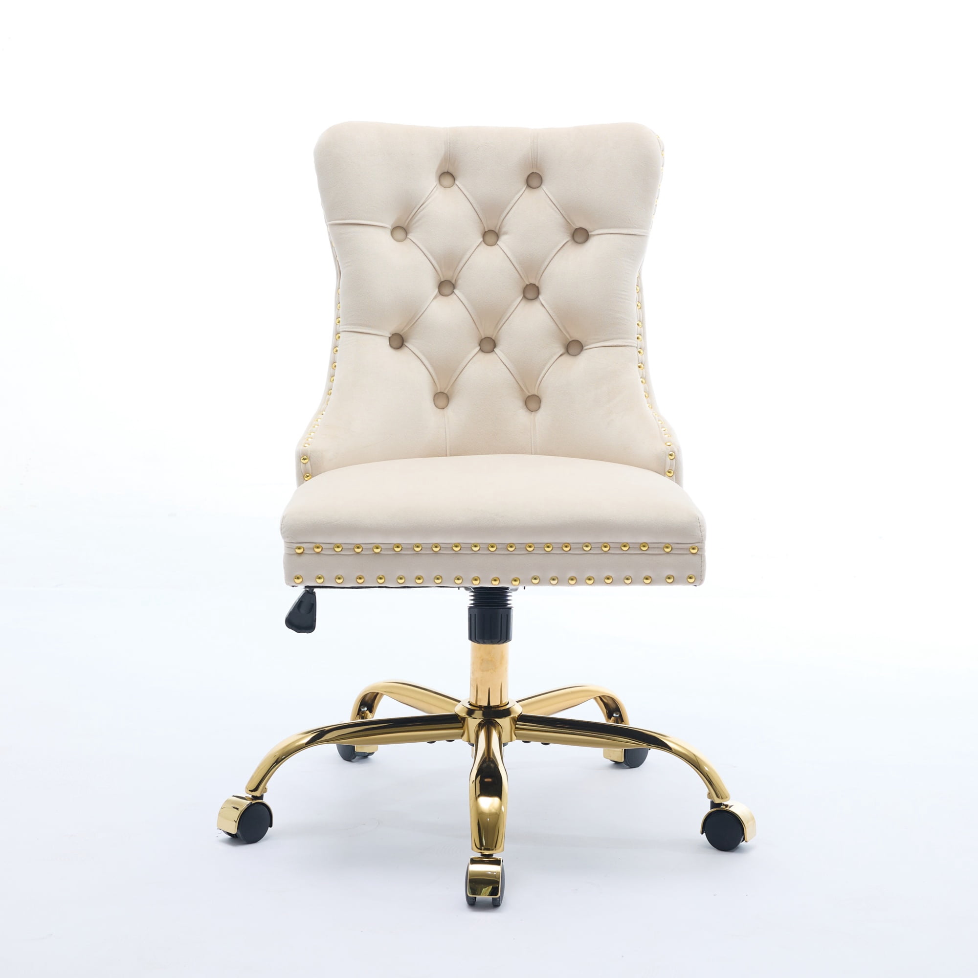 Furniture Office Chair, Modern Velvet Upholstered Tufted Button Home Office Chair with Golden Metal Base,Adjustable Desk Chair Swivel Office Chair (Beige)