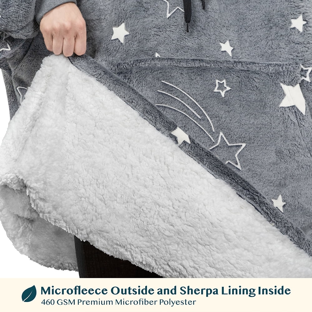 PAVILIA Wearable Blanket Sweatshirt for Kids Boy Girl Glow in the Dark Star, Warm Cozy Giant Blanket Hoodie, Fleece Sherpa Oversized Blanket Sweatshirt with Sleeves, Big Pocket, Christmas Gift
