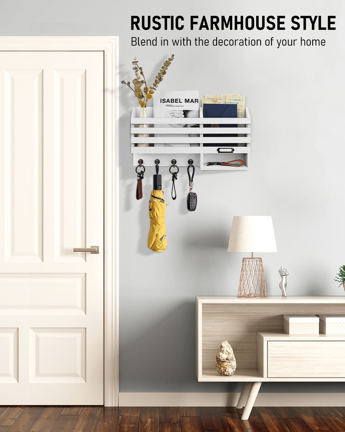 Key Holder for Wall,Dinosam Double Mail Organizer Wall Mount with Store Shelf and 4 Sturdy Hooks,Hanging Key Rack Hanger for Entryway, Hallway, Bedroom, Living Room and Office,White