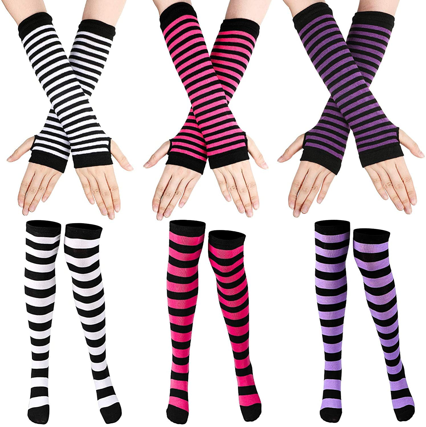 1 Pair Women Girl Striped Over Knee Thigh High Long Boot Socks/Arm Warmer Gloves 