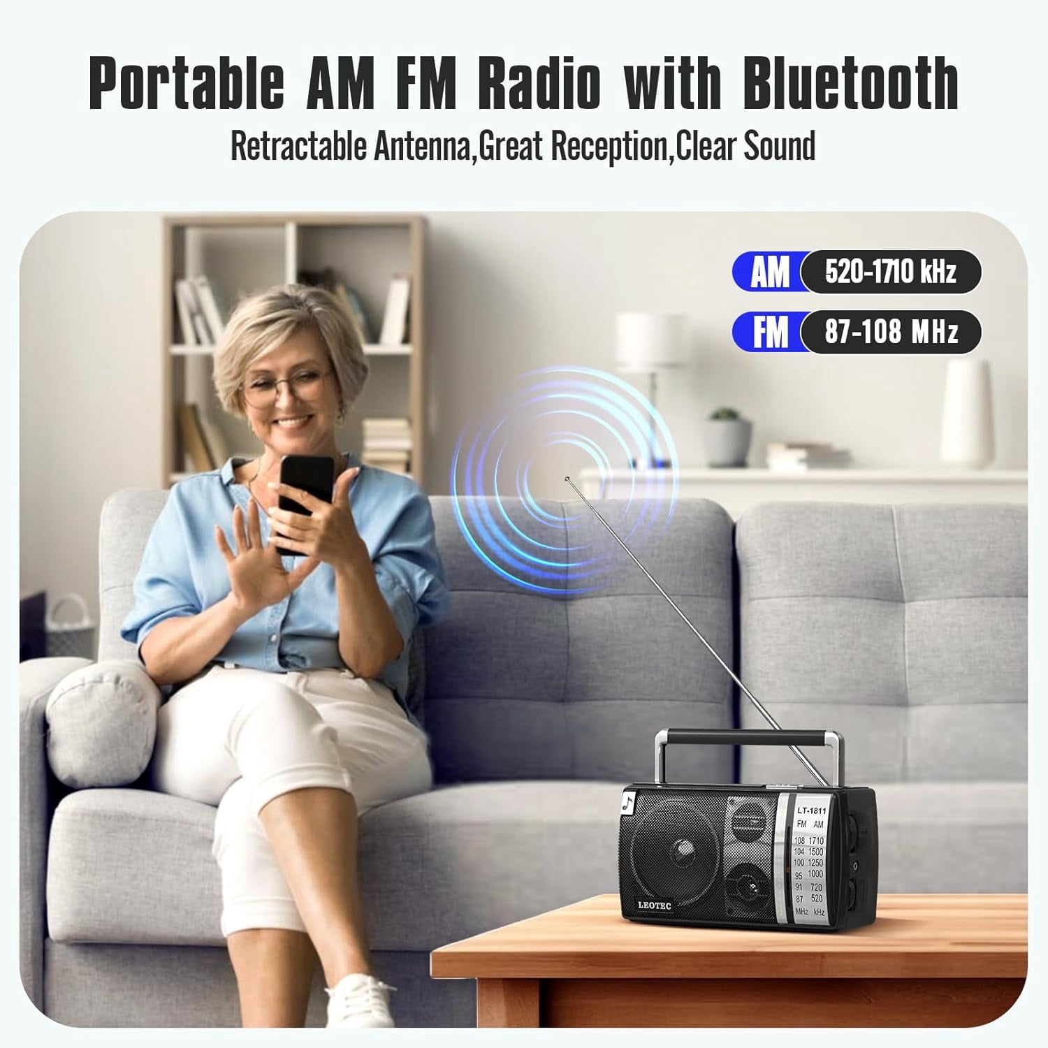 LEOTEC AM FM Radio, Portable Bluetooth Radio, Plug in Wall or Battery Operated Best Reception with Headphone Jack, Handheld Great for Home, Outdoor,Black