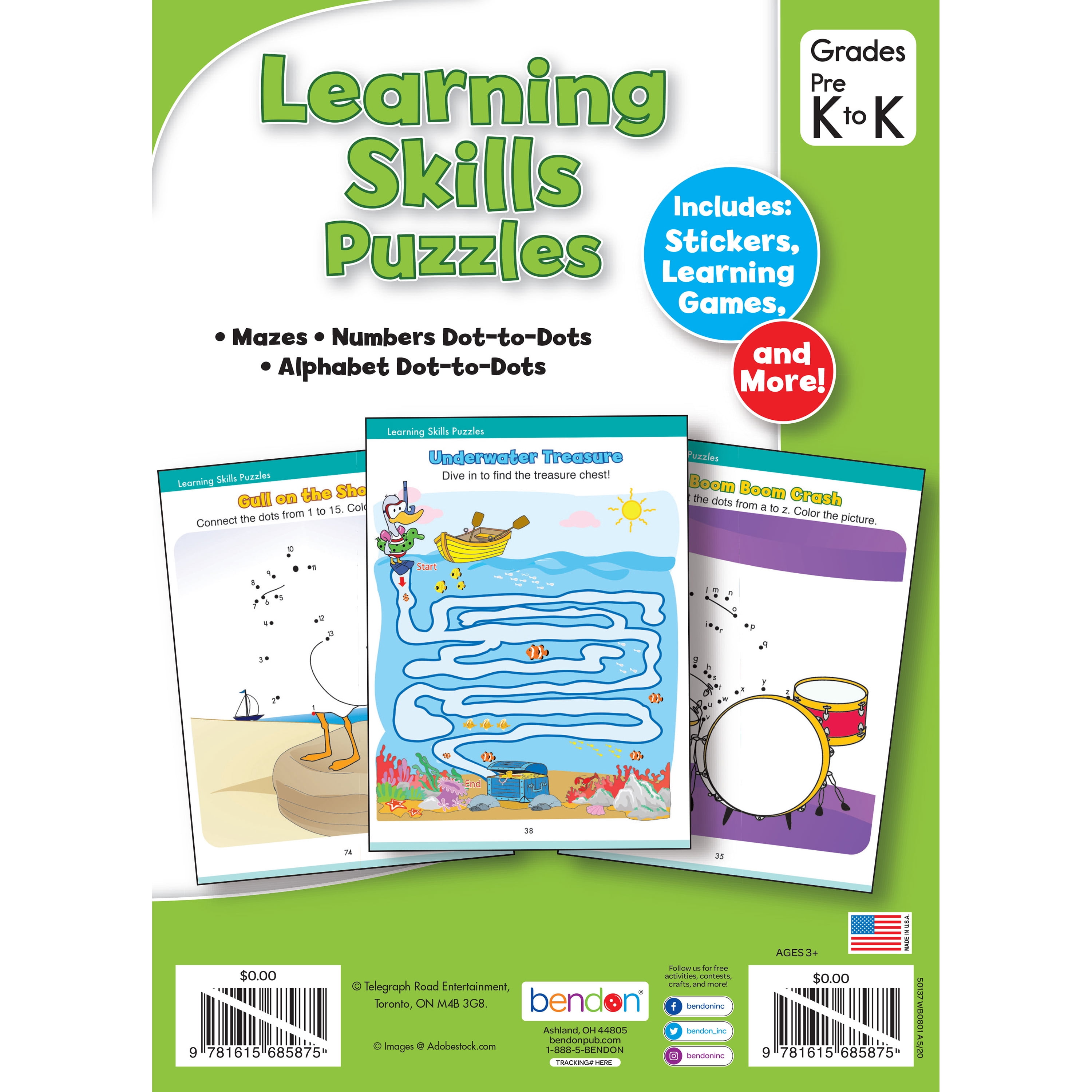 Bendon Publishing Pre Kindergarten and Kindergaten Learning Skills Puzzles 80 Page Workbook