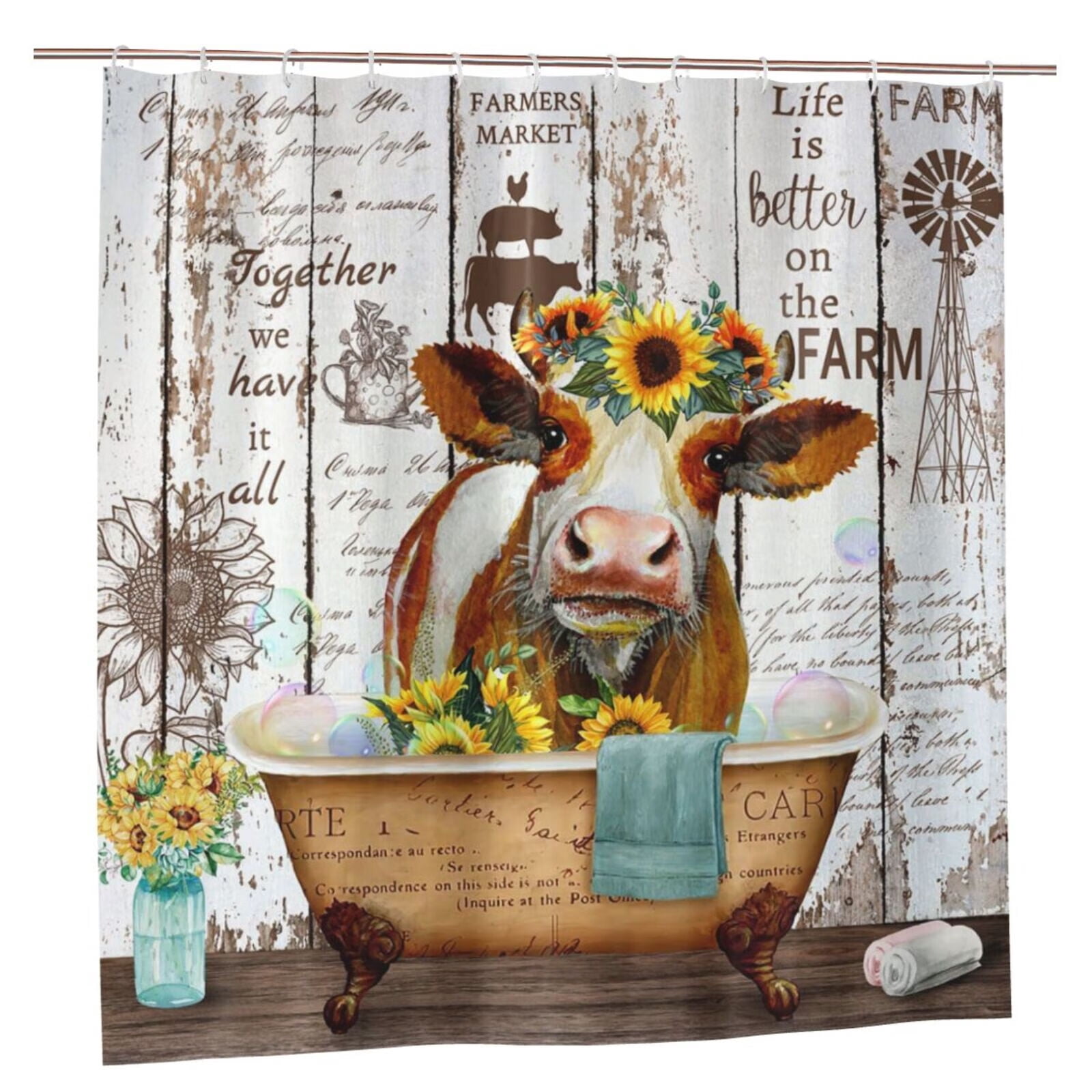 Cow Shower Curtain Fall Retro Sunflower Country Floral Wooden Board Bathtub Shower Curtains，Cute