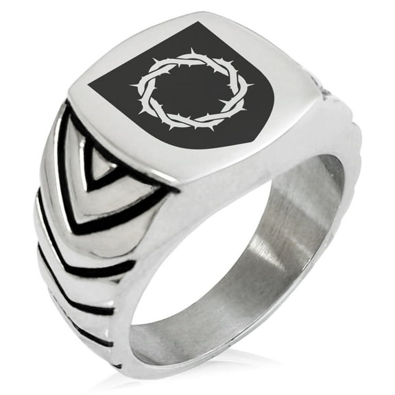 Stainless Steel Crown of Thorns Adversity Coat of Arms Shield Chevron Pattern Biker Style Polished Ring