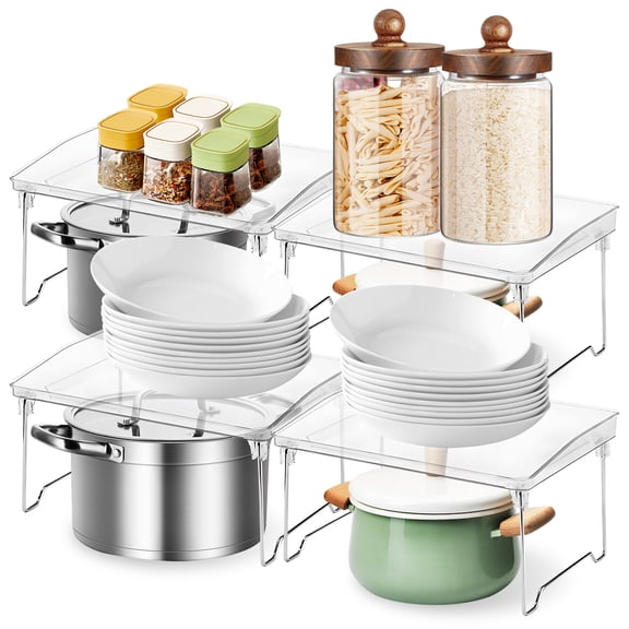 VEGCOO 4-Pack Acrylic Stackable Shelves - Clear Cabinet Organizer for Kitchen, Bathroom & Office, Multi-Purpose Display Rack for Spice Jars, Makeup, Pantry Items | Multi-Functional, Heavy-Duty