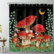HVEST Mushroom Shower Curtain Green Eucalyptus Leaves and Retro Mushrooms Botanical Bathroom Curtain, Boho Moon and Star on Black Shower Curtain with Hooks, 69W X 70L Inches